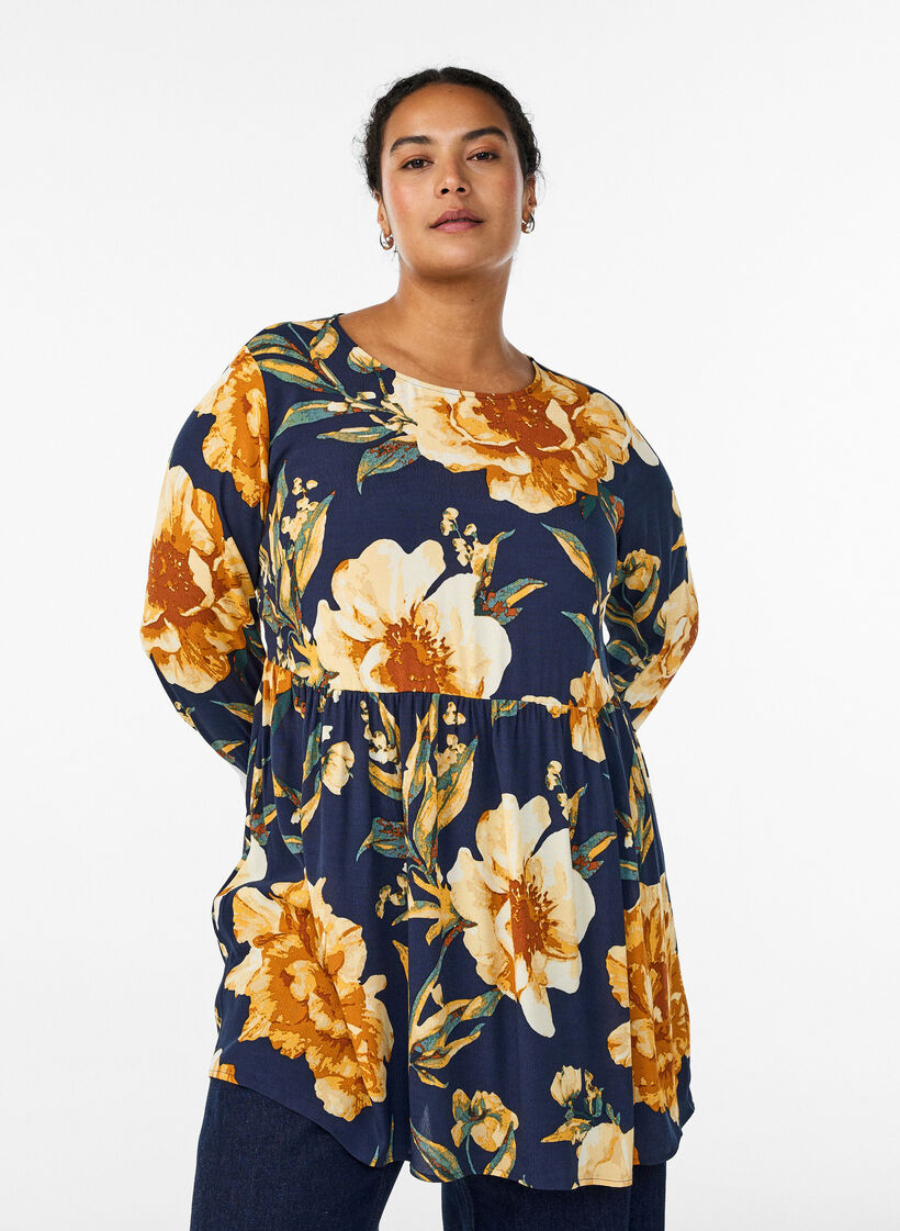 Long-sleeved tunic with a seam, Blue, Model image number 0