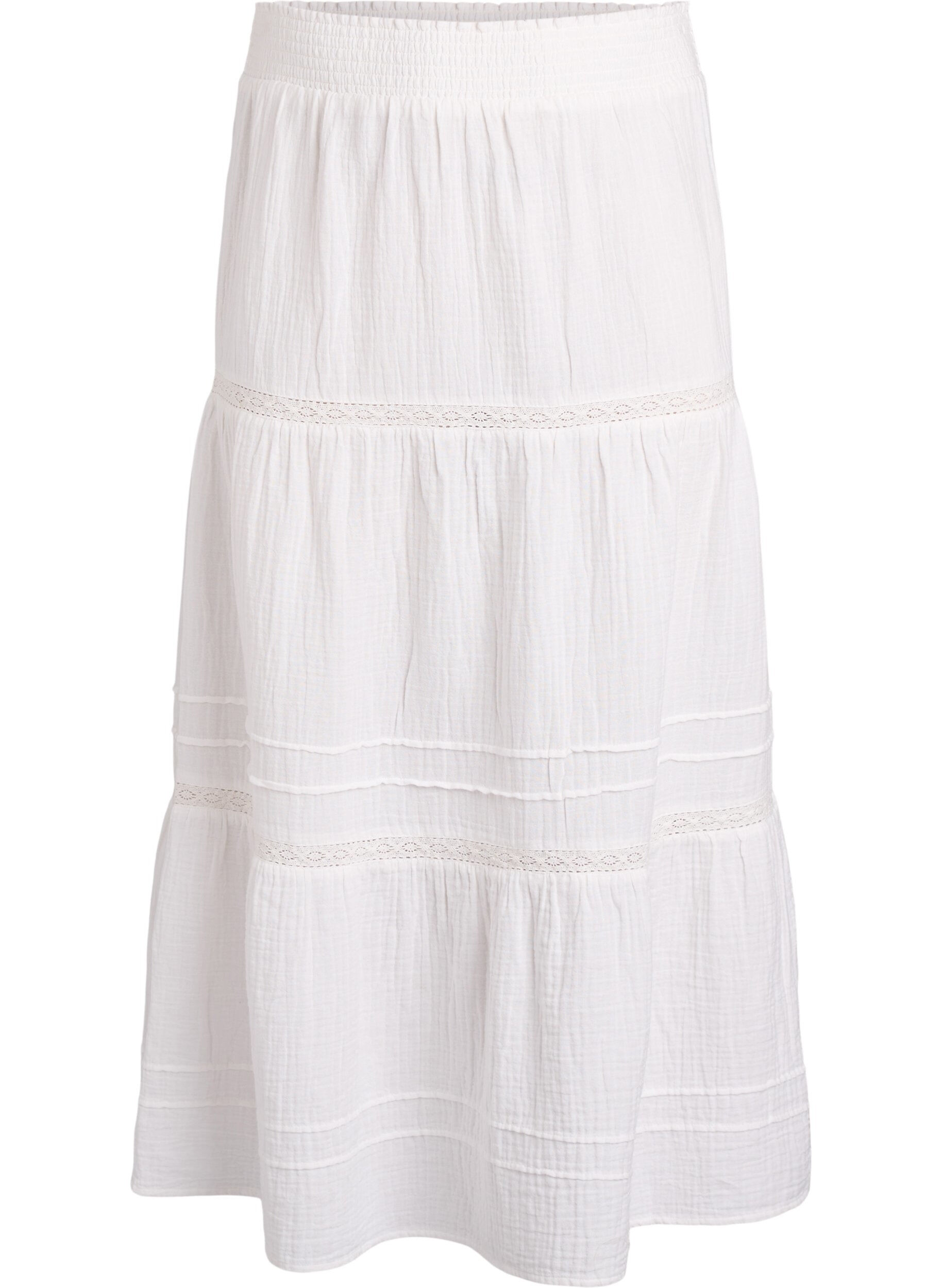 Zizzifashion A-line midi skirt in cotton muslin with crochet band, White, Packshot image number 0