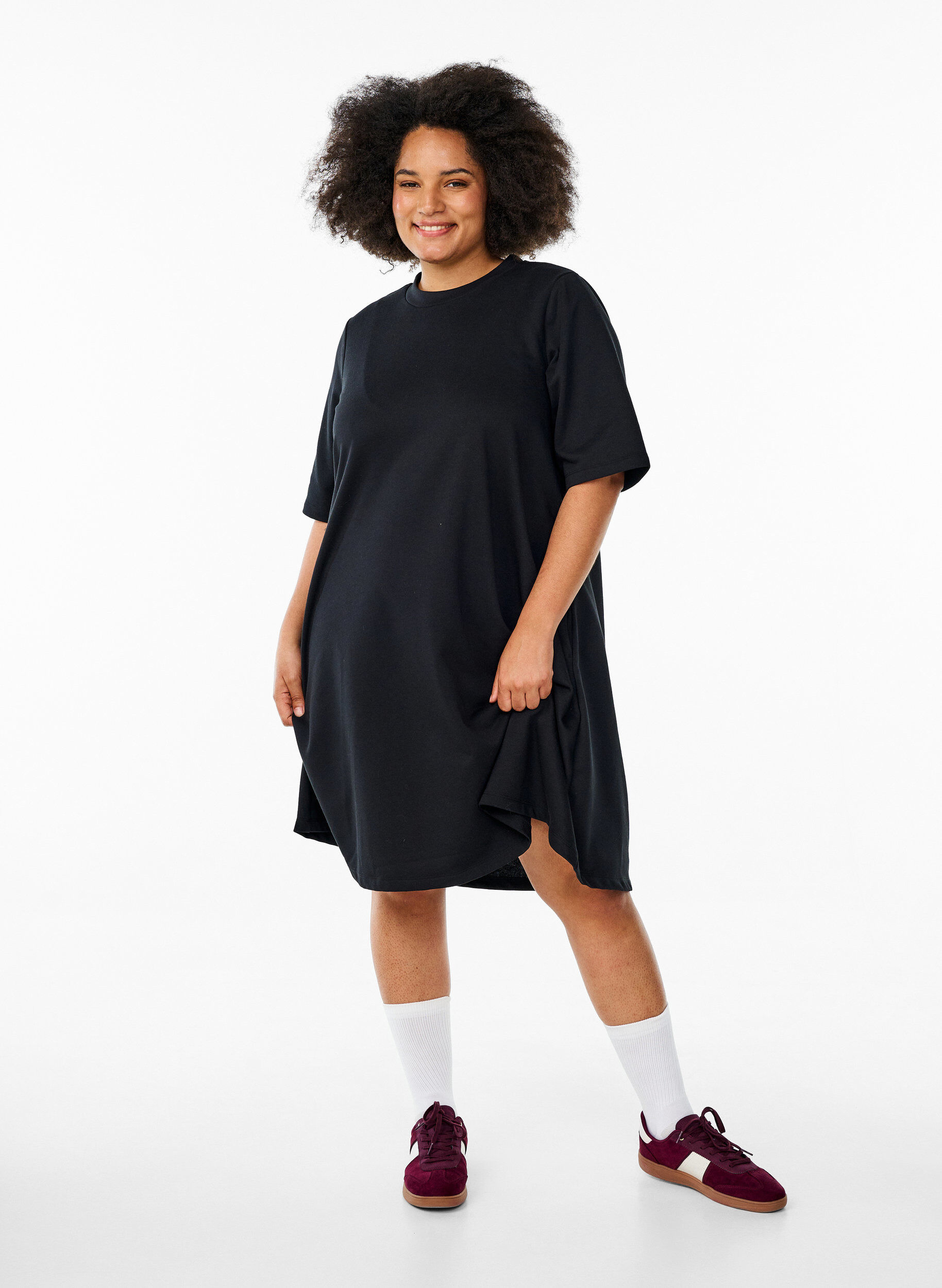 Zizzifashion Knee-length jersey dress with pockets and A-line shape, Black, Model image number 3