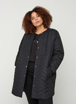 Long quilted jacket with button fastening, Black, Model image number 0