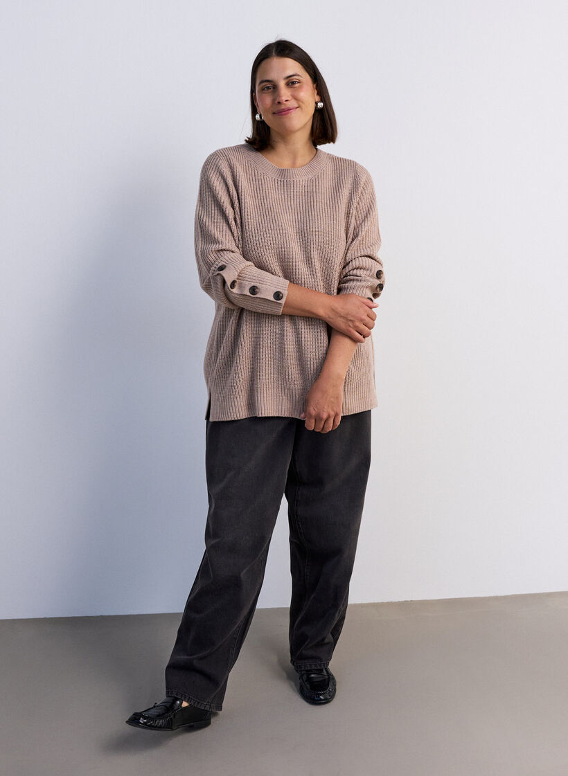 Knitted blouse with ribbed texture and button details, Beige, Model image number 1
