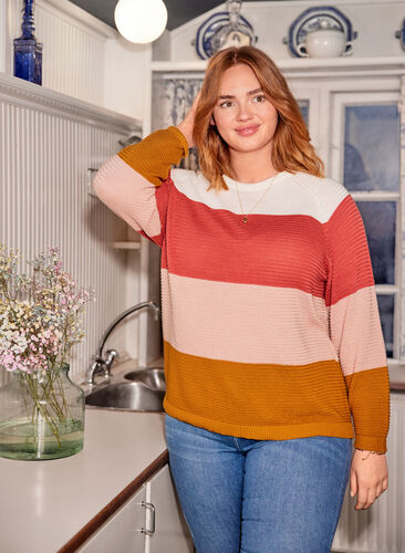 Striped knitted blouse with a round neckline, Faded Rose Comb, Image image number 0