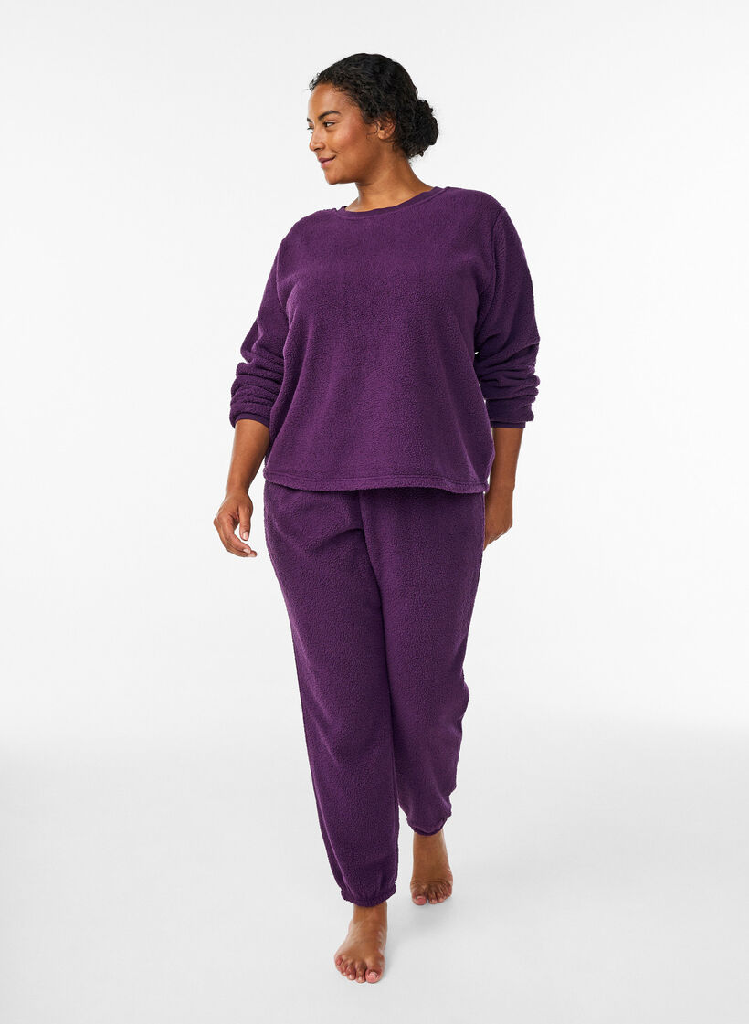 High-waisted teddy fleece trousers, Purple, Model image number 0