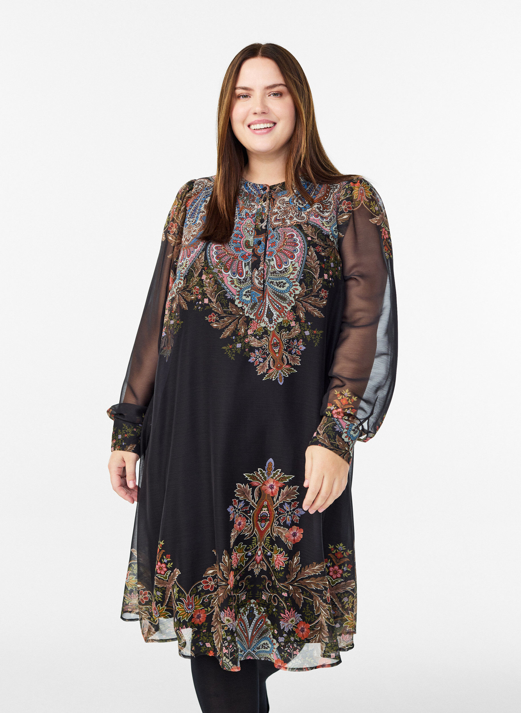 Midi dress with paisley details and long sleeves, Black, Model
