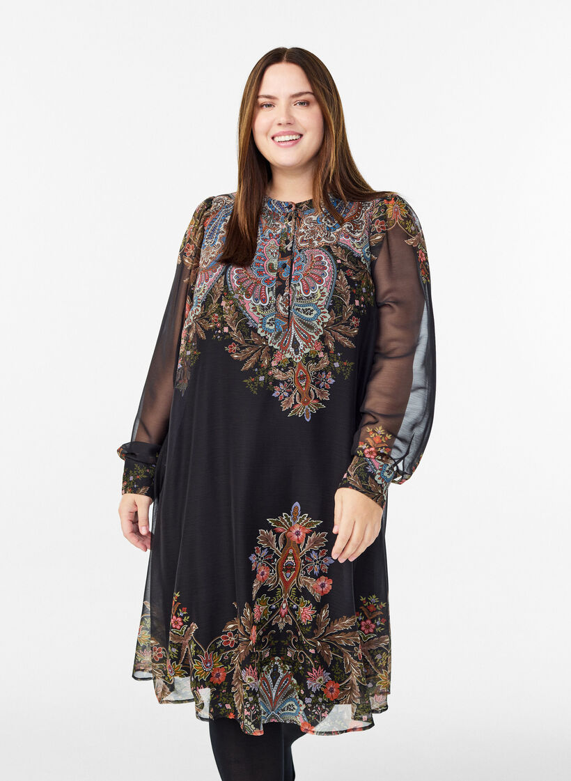 Midi dress with paisley details and long sleeves, Black, Model image number 0