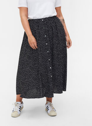 Viscose midi skirt with button and polka dots, Black w. Dot, Model image number 2