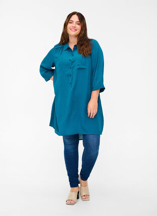 Viscose tunic with buttons and 3/4 sleeves, Maroccan Blue, Model image number 2