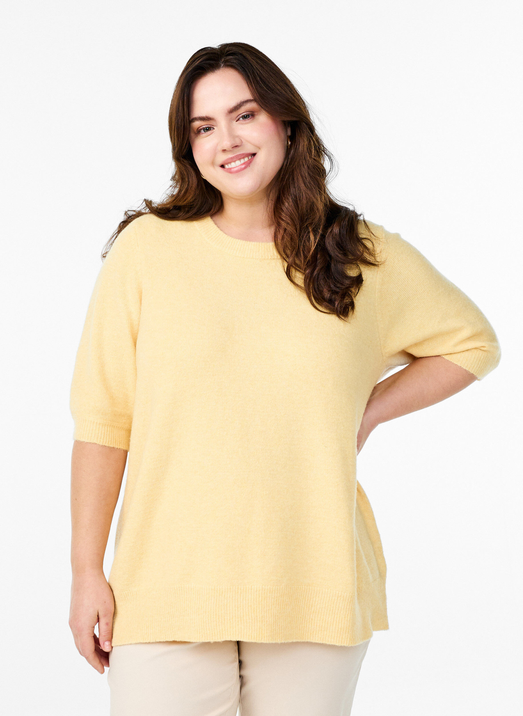 Zizzifashion Knitted blouse with short sleeves, Yellow, Model image number 0