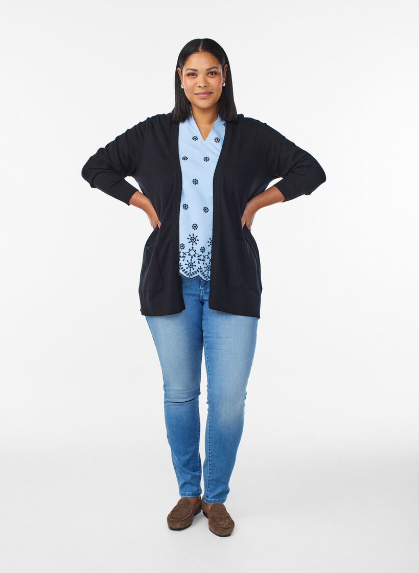 Long open-front knit cardigan with pockets, Black, Model image number 1