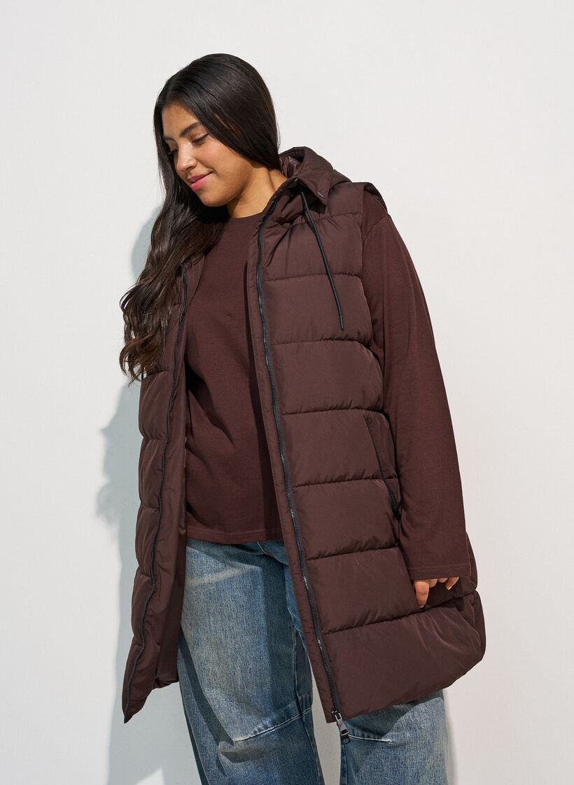 Long vest with hood and pockets, Brown, Model image number 3