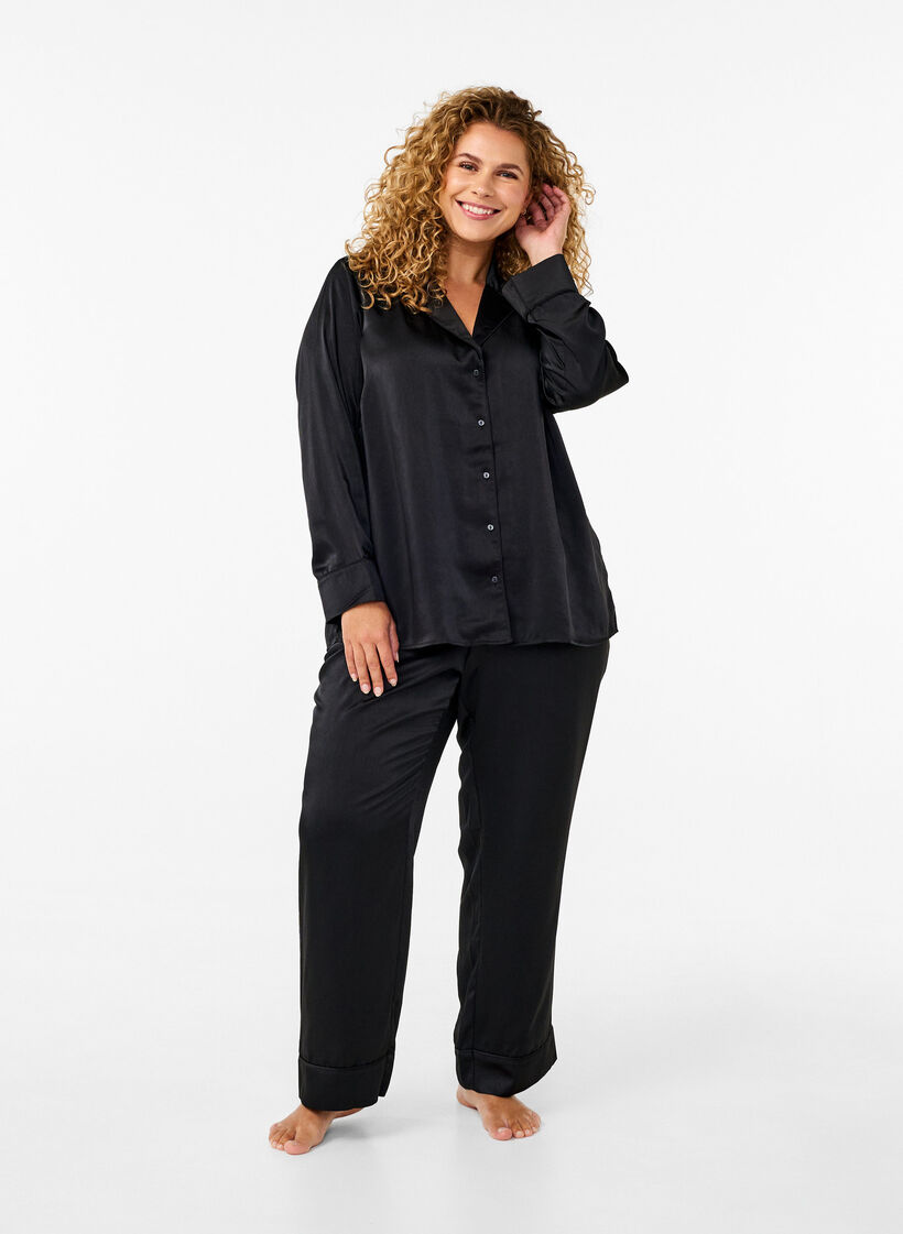 Satin pyjamas pants with elasticated waistband, Black, Model image number 0