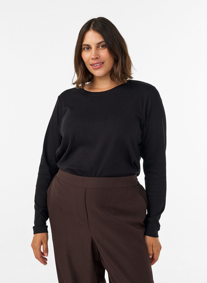 Long-sleeved basic T-shirt with a round neck, Black, Model image number 0