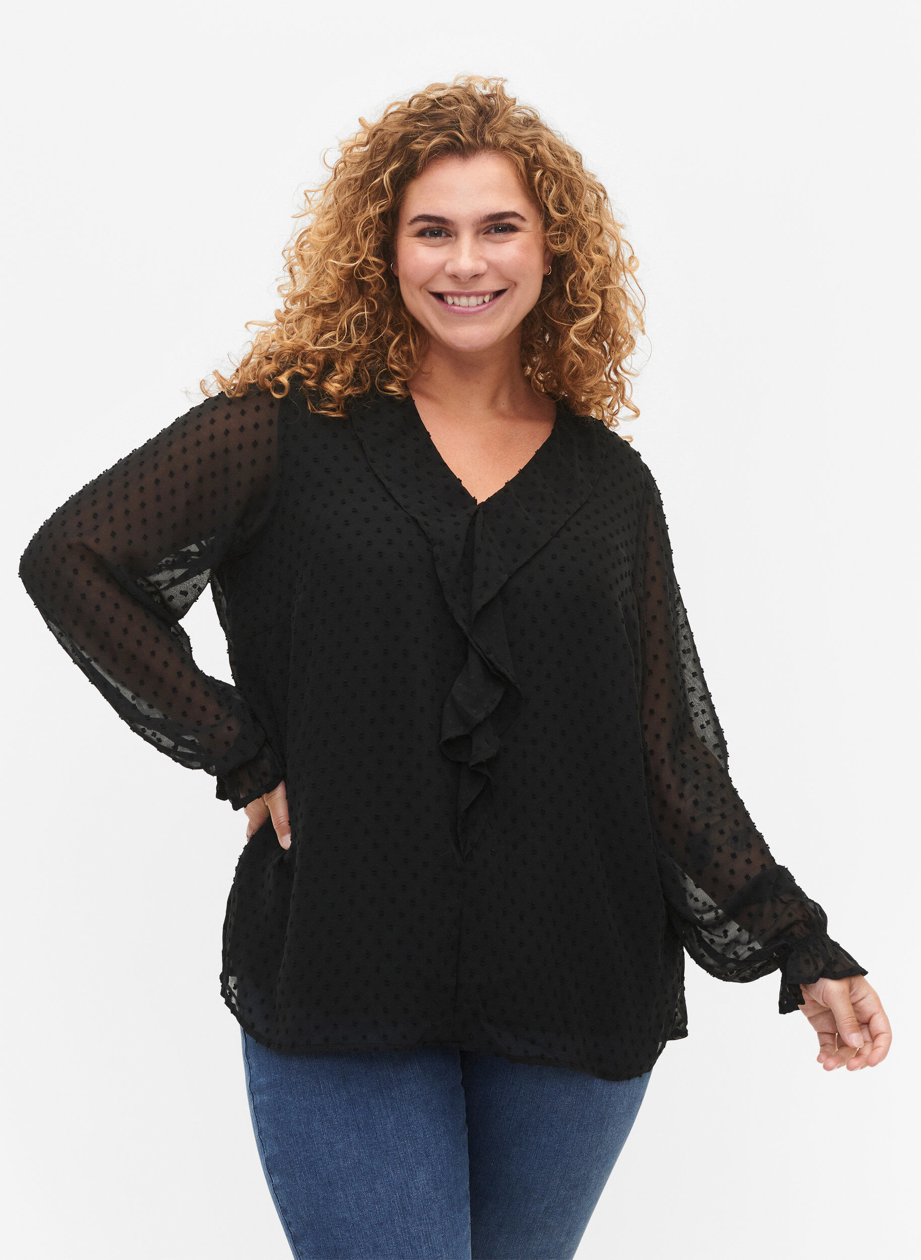 Zizzifashion Blouse with ruffles and dotted texture, Black, Model image number 0