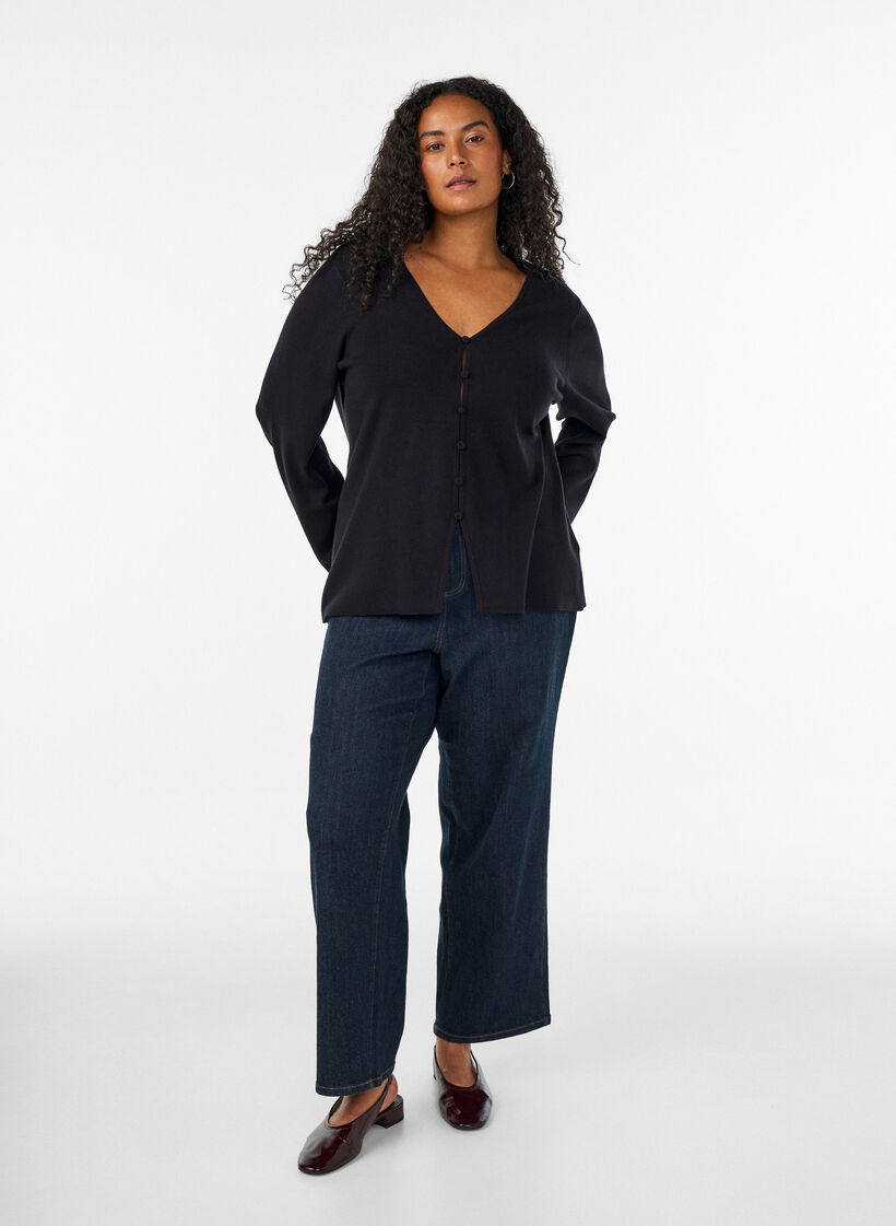 Fine-knit cardigan with fabric-covered buttons, Black, Model image number 1