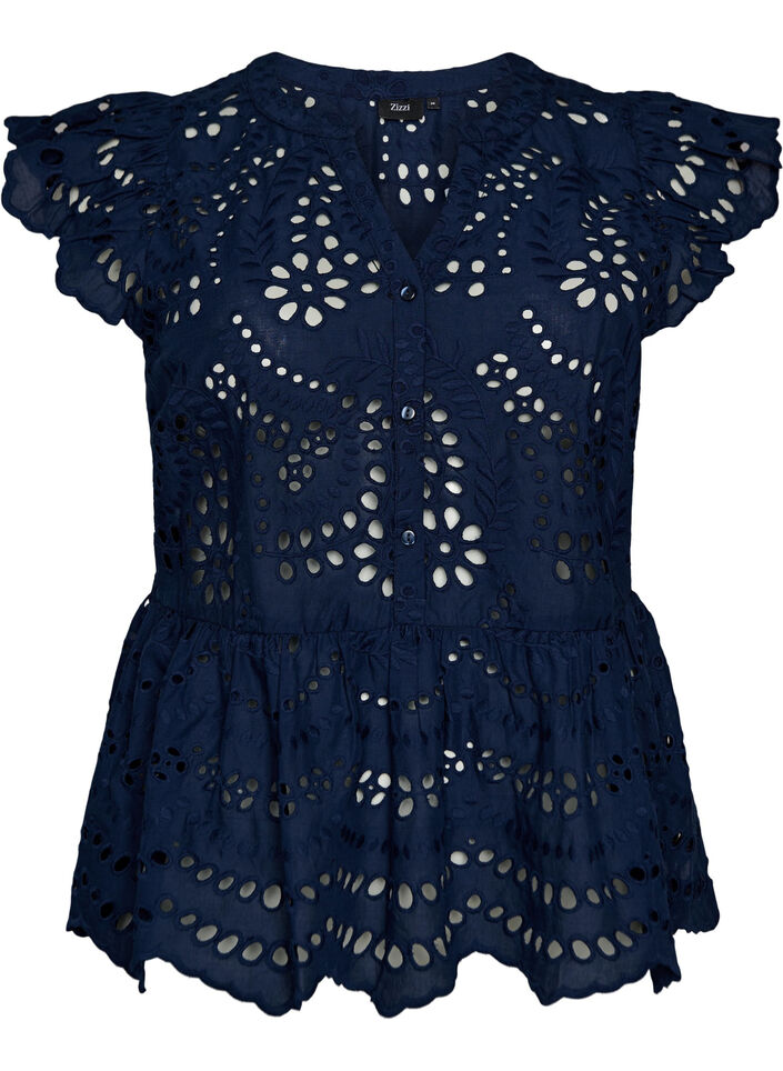 Sleeveless broderie anglaise blouse with ruffles, Blue, Packshot image number 0