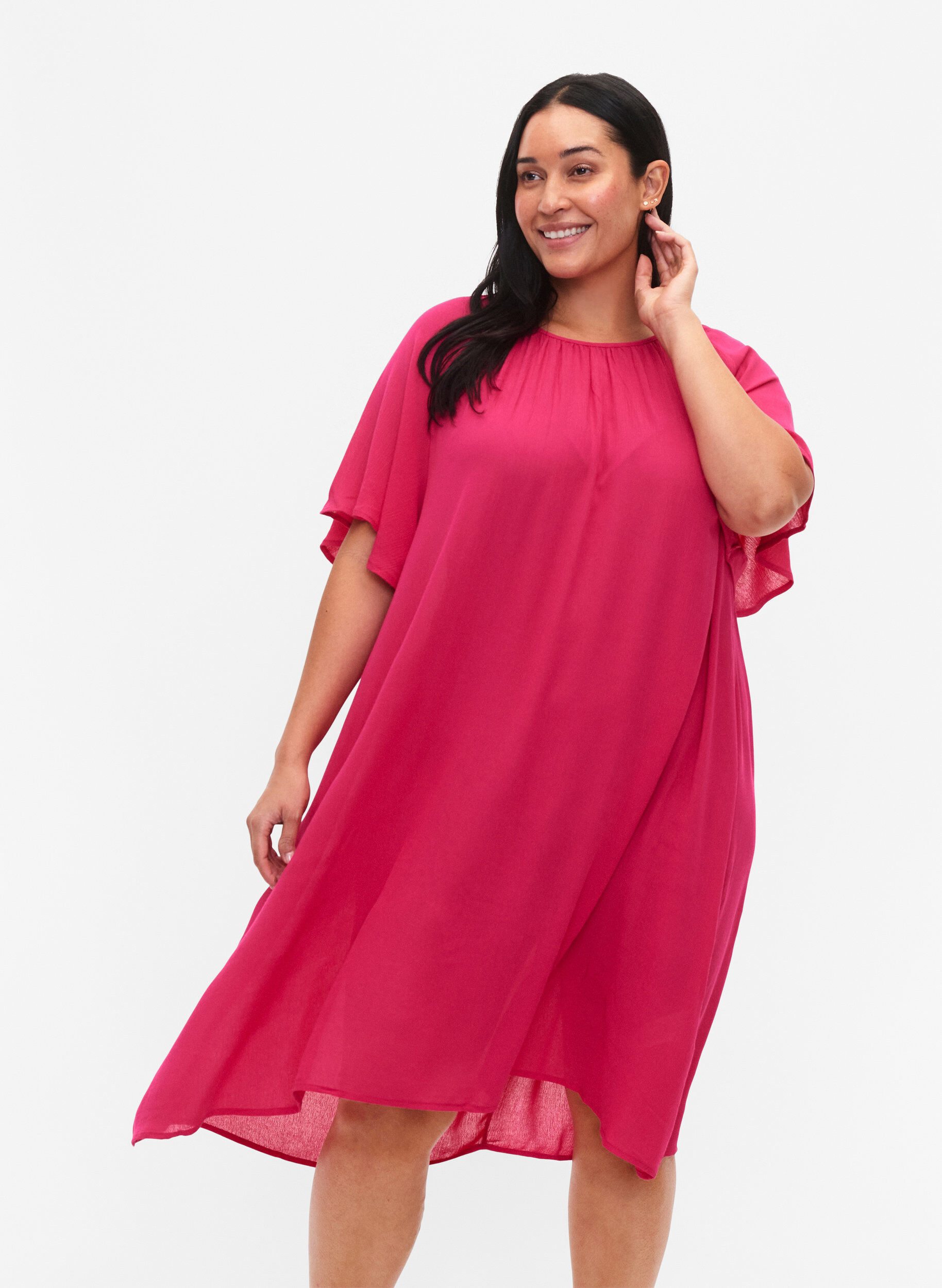 Zizzifashion Viscose dress with short sleeves, Bright Rose, Model image number 0