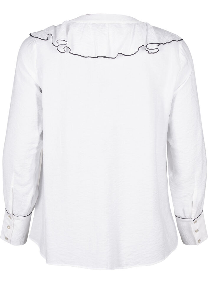 Long-sleeved viscose shirt blouse with ruffle, White, Packshot image number 1