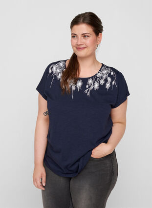 Cotton t-shirt with print details, Night Sky FLOWER, Model image number 0