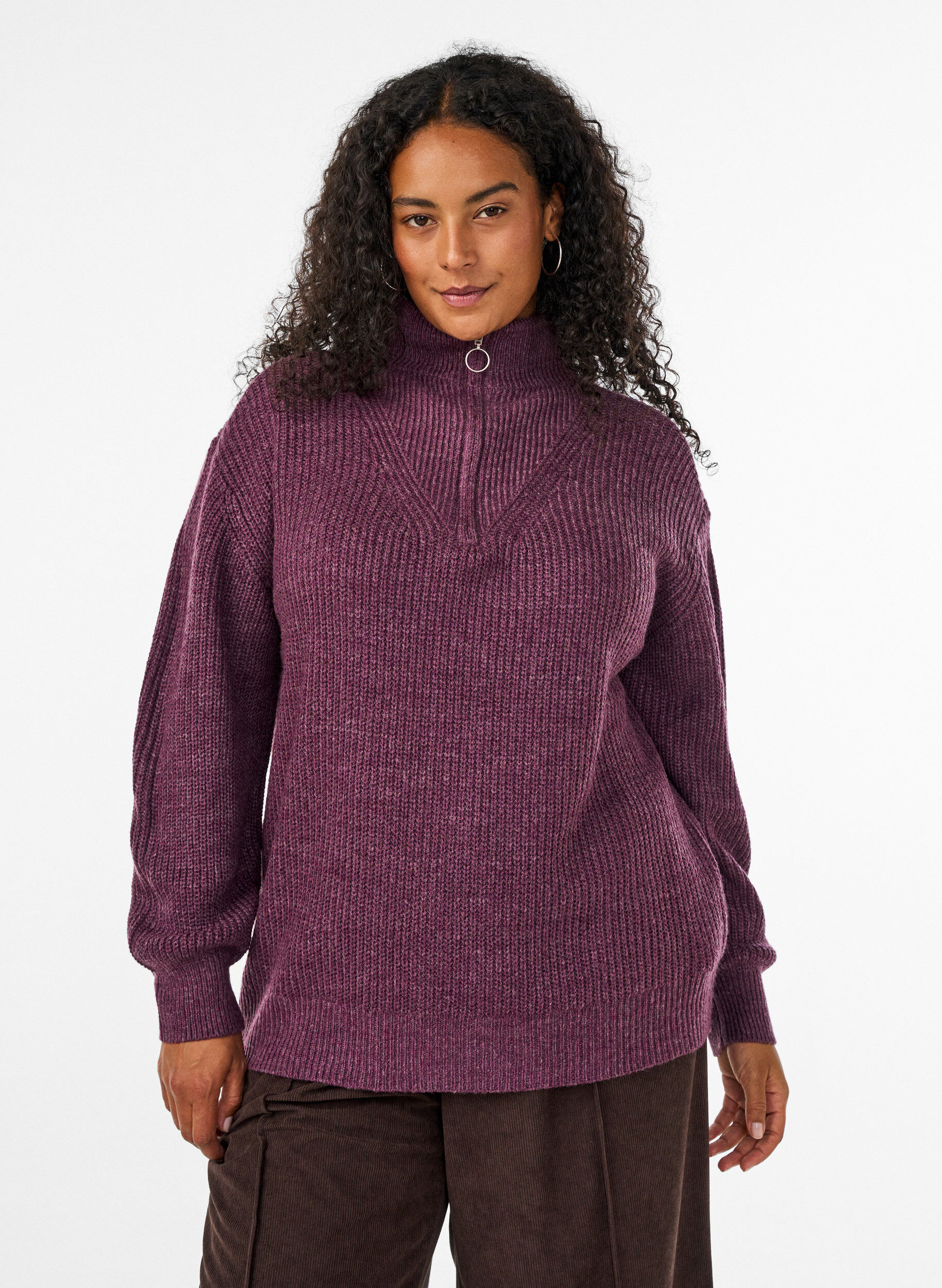 ZizzifashionKnitted sweater with high neck and zipper, Purple, Model image number 0