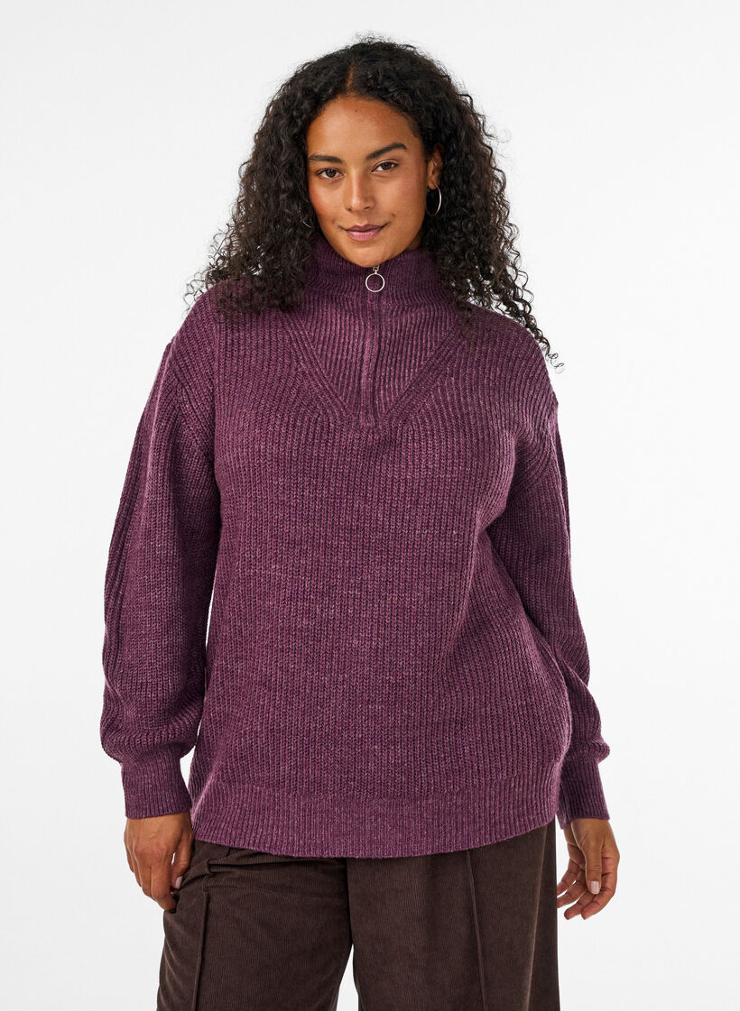 Knitted sweater with high neck and zipper, Purple, Model image number 0