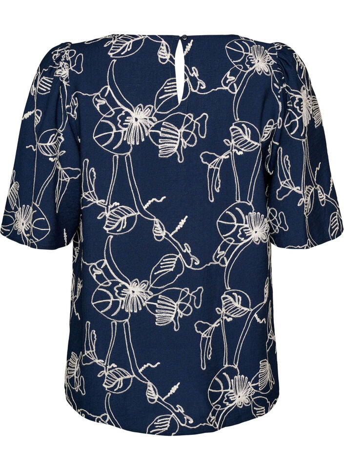 Short-sleeved blouse with embroidered pattern, Blue, Packshot image number 1