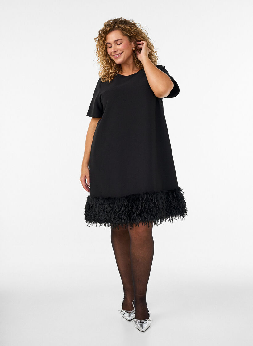 Short jersey dress with feather trim, Black, Model image number 1
