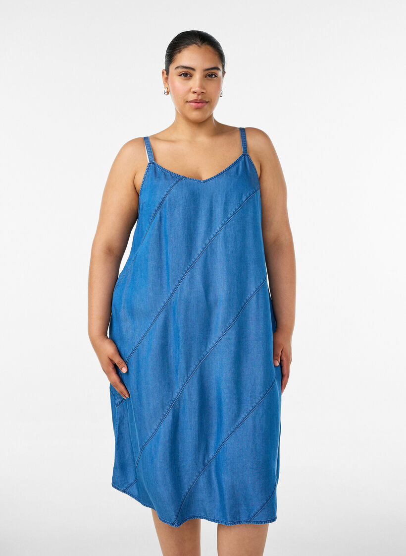 Denim-look dress in TENCEL&trade; Lyocell with straps, Blue, Model image number 0