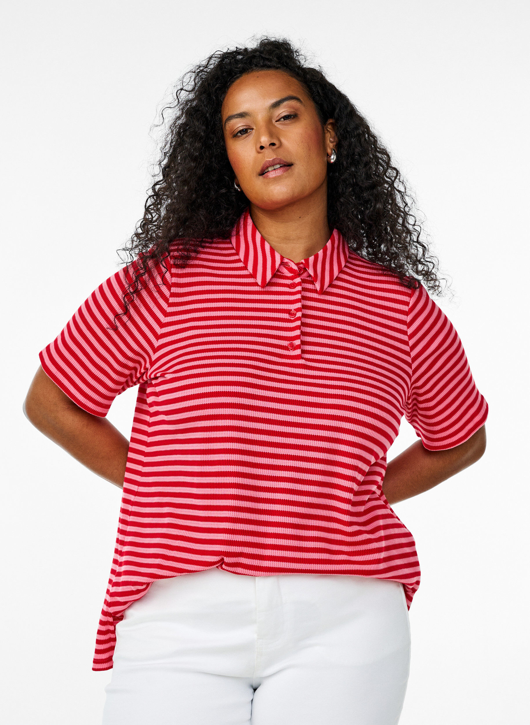 Short sleeve polo shirt with stripes, Pink, Model