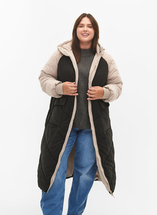 Long colorblock winter jacket with hood, Black Comb, Model image number 2