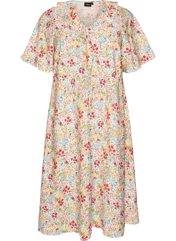 Viscose midi dress with a floral print and ruffle collar, Rose, Packshot image number 0