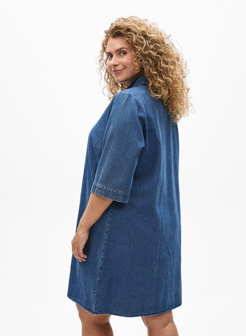 Short denim dress with zipper and 3/4 sleeves, Blue, Model image number 2