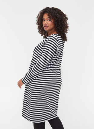 Striped cotton dress with long sleeves , Black w. White Thin, Model image number 1