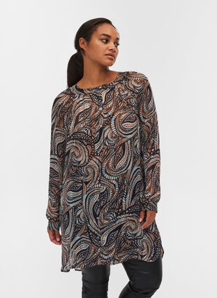 Long, paisley printed shirt with lurex, Black Paisley, Model image number 0