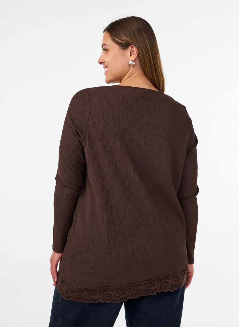 Jersey blouse with asymmetrical lace trim, Brown, Model image number 2