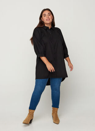 Cotton tunic with 3/4 length balloon sleeves, Black, Model image number 3