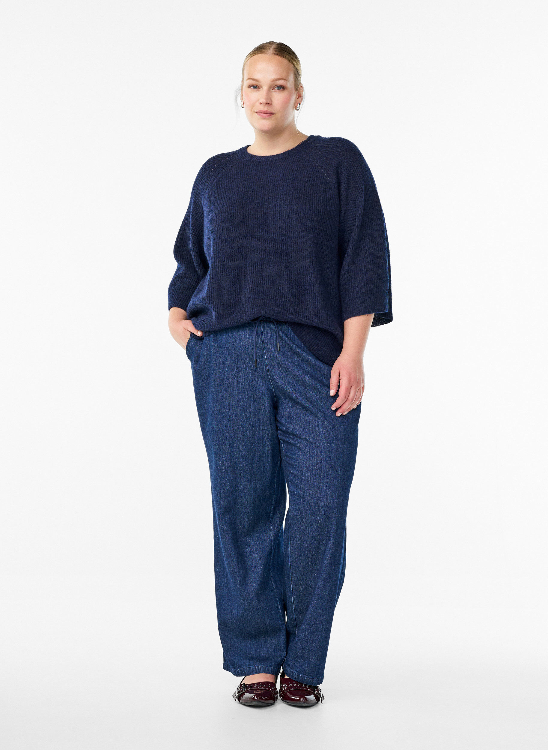 ZizzifashionRibbed jumper with 3/4 sleeves, Blue, Model image number 1
