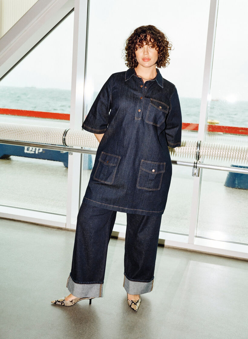 Denim dress with large pockets and 3/4 sleeves, Blue, Image image number 0