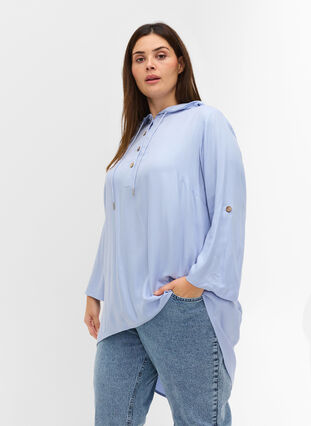 Viscose tunic with hood and 3/4-length sleeves, Icelandic Blue, Model image number 0