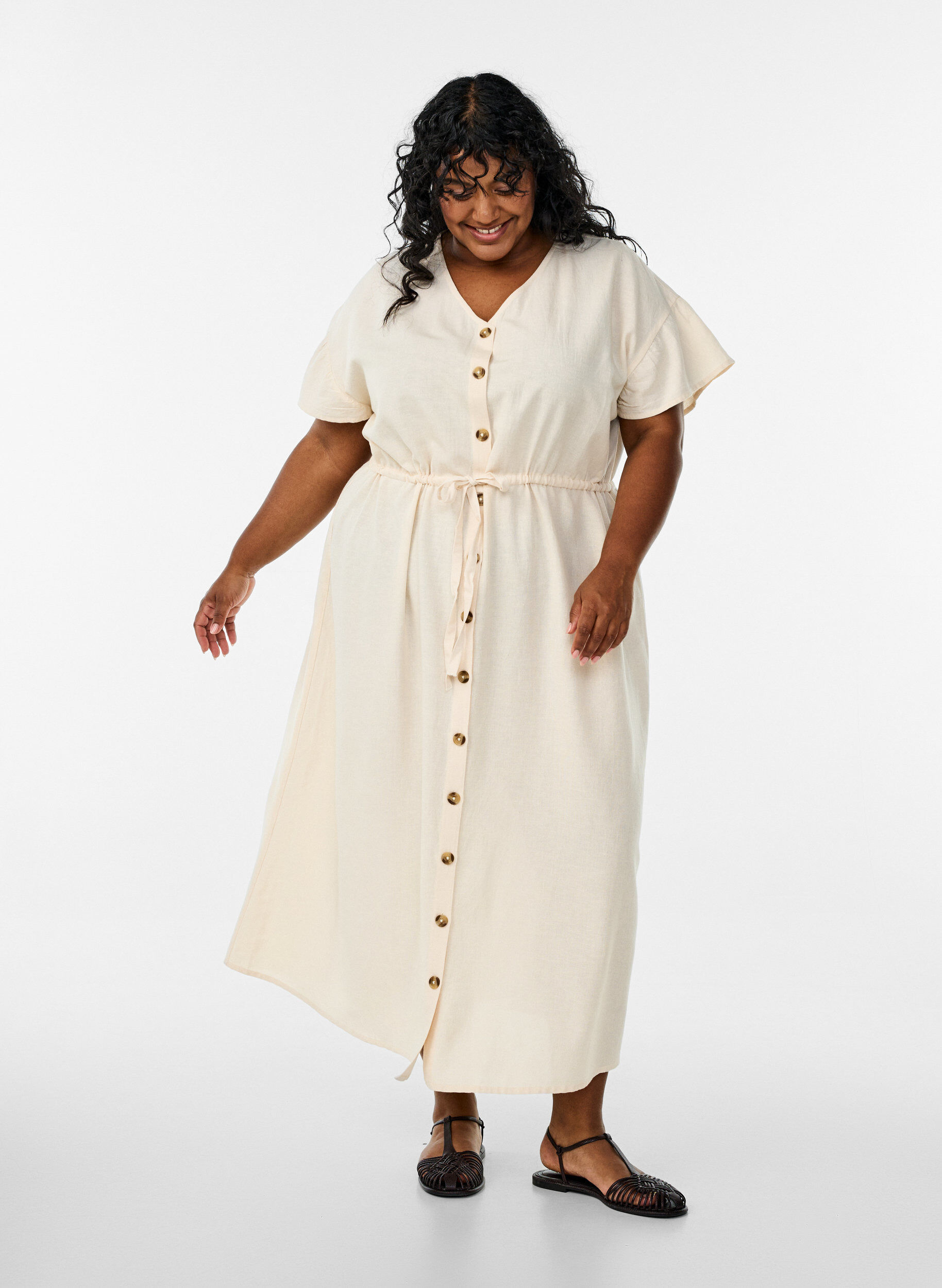 Zizzifashion Maxi dress with buttons and tie belt, Vanilla, Model image number 0