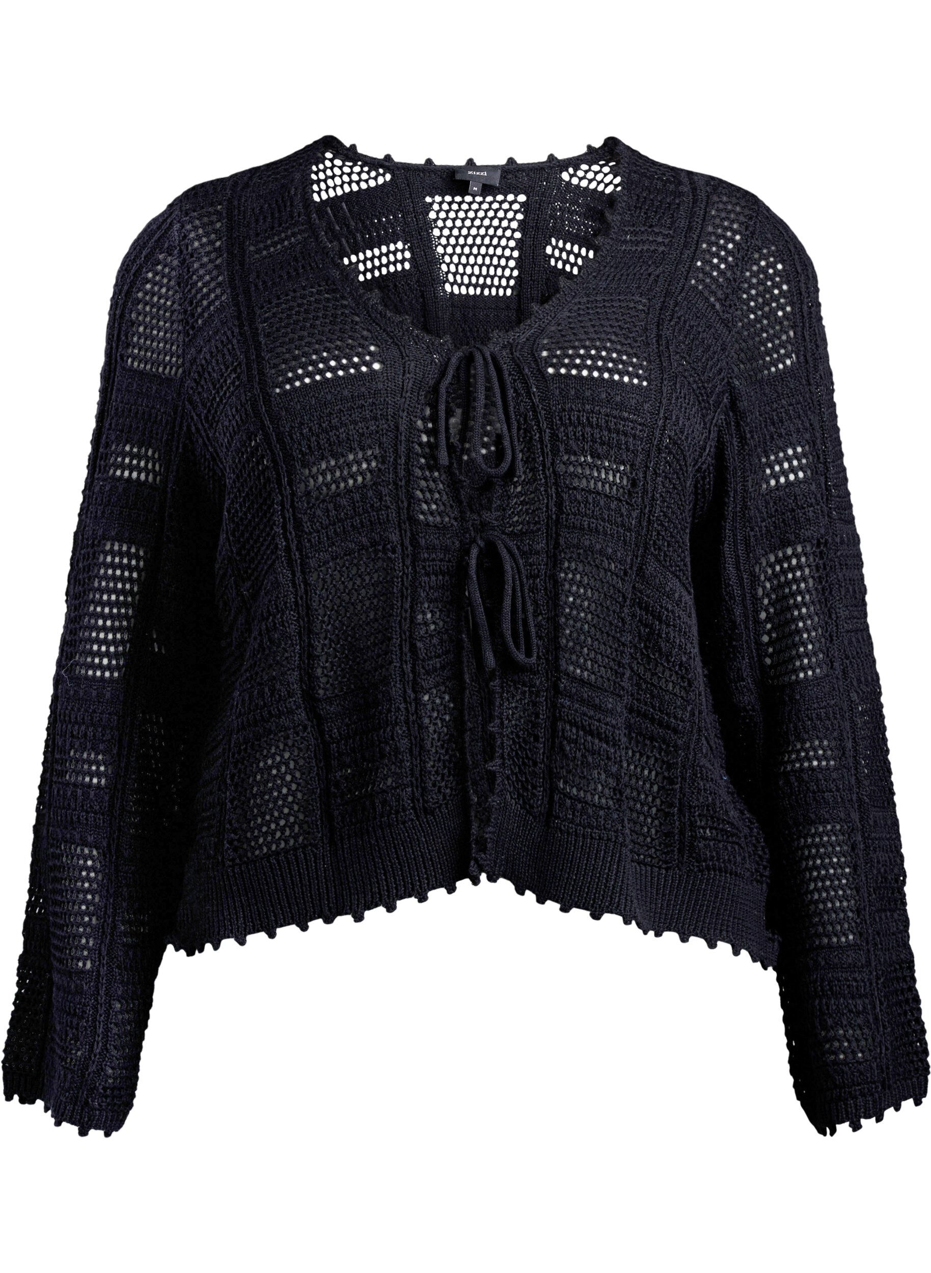 Zizzifashion Knitted cardigan with ties and an openwork pattern, Black, Packshot image number 0