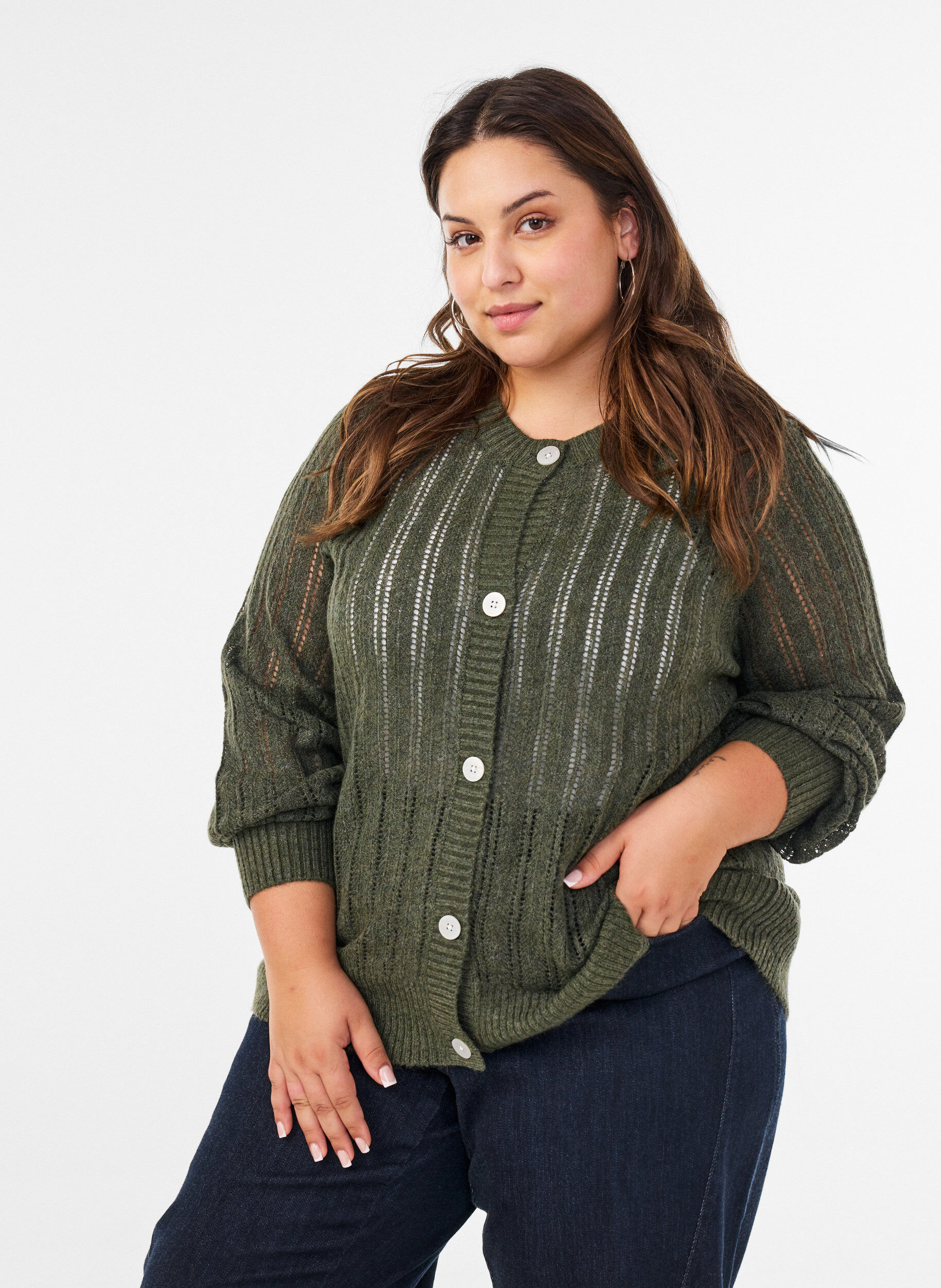 Knitted cardigan with openwork pattern, Green, Model