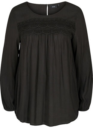 A-shape viscose blouse with lace, Black, Packshot image number 0