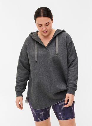 Sweatshirt with hood and slits, Dark Grey Melange, Model image number 0