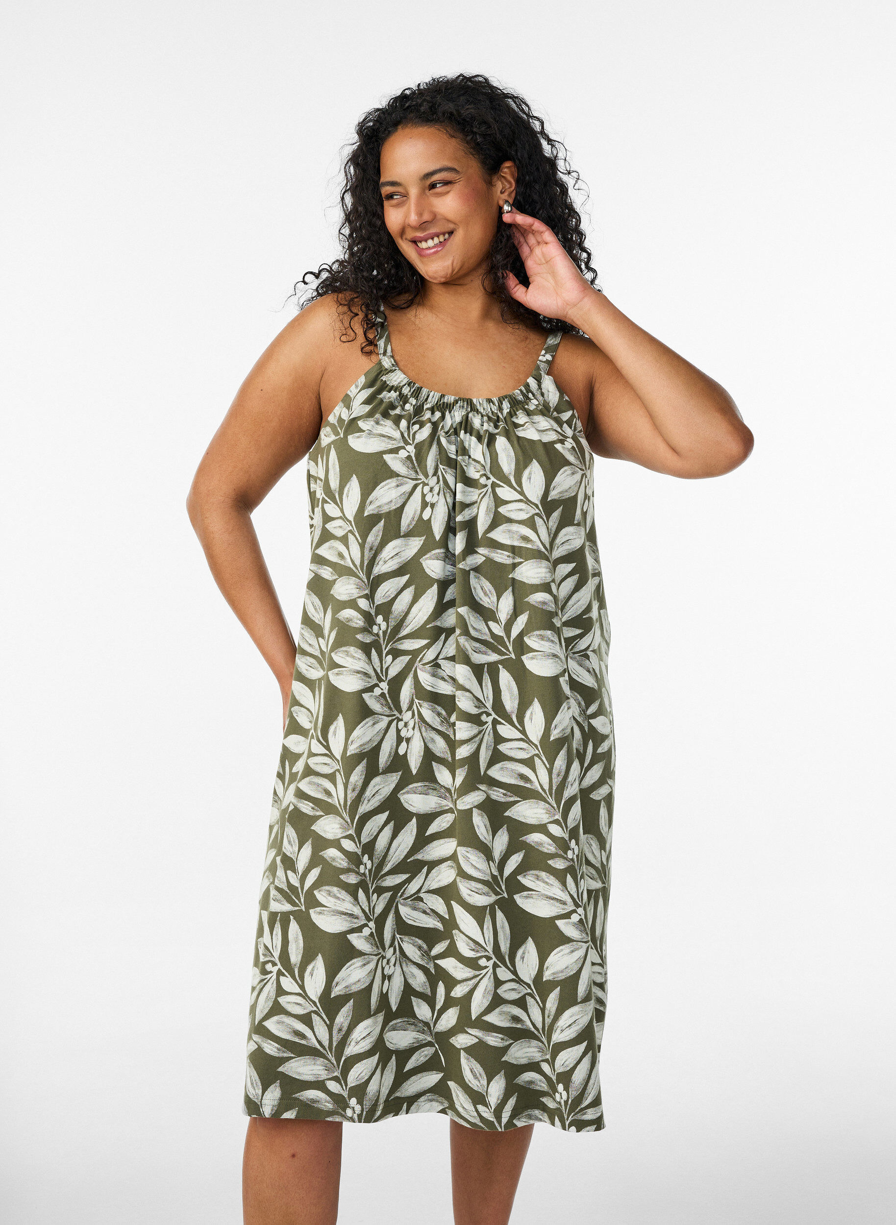 Knee-length strap dress in organic cotton, Green, Model