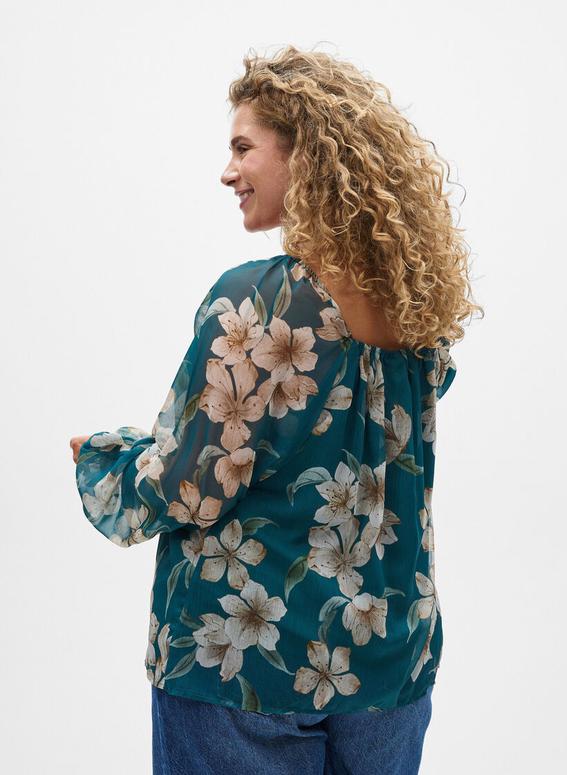 Chiffon blouse with floral print and long sleeves, Green, Model image number 2