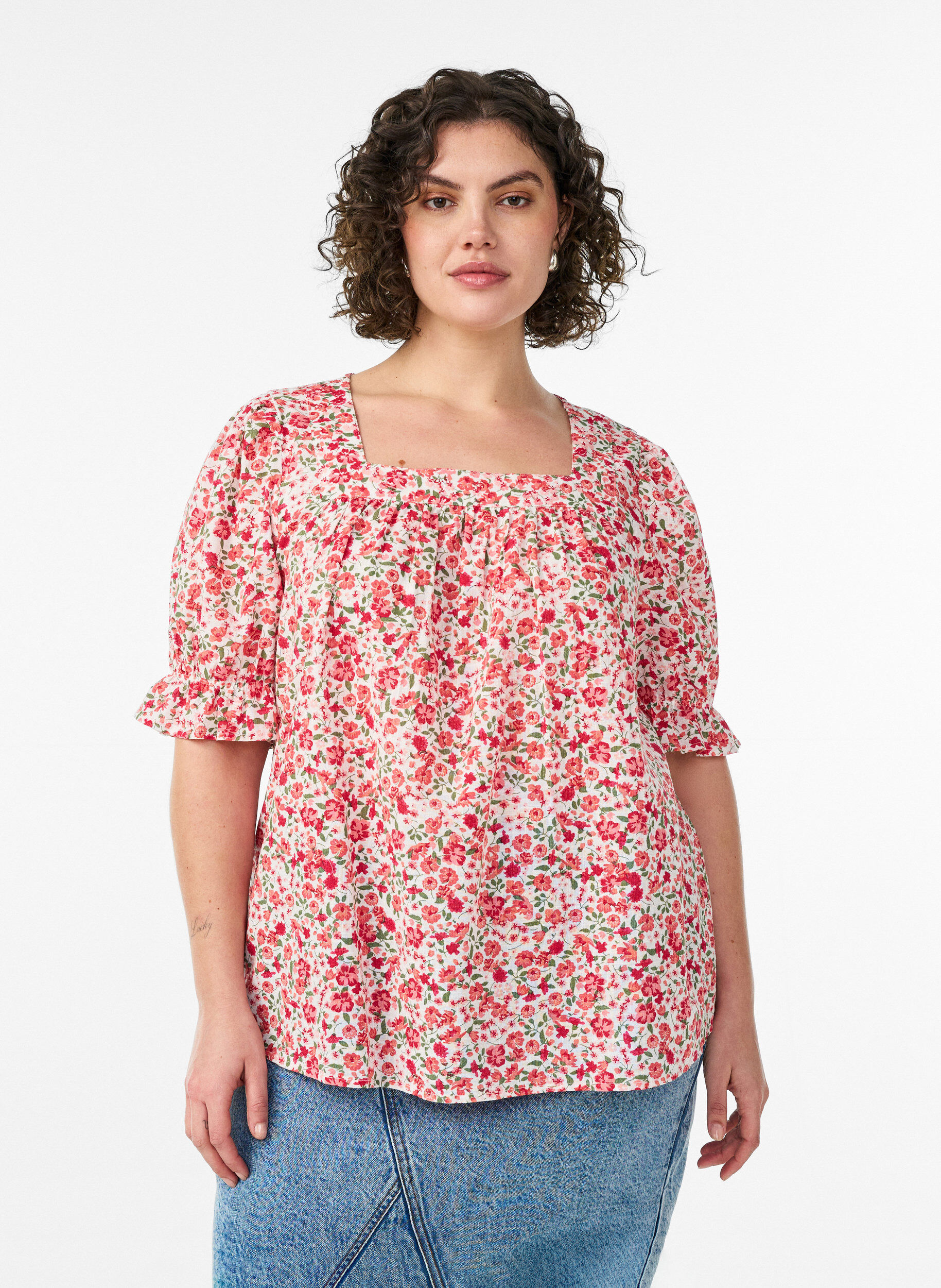 Zizzifashion Cotton blouse with a square neckline, Red, Model image number 0