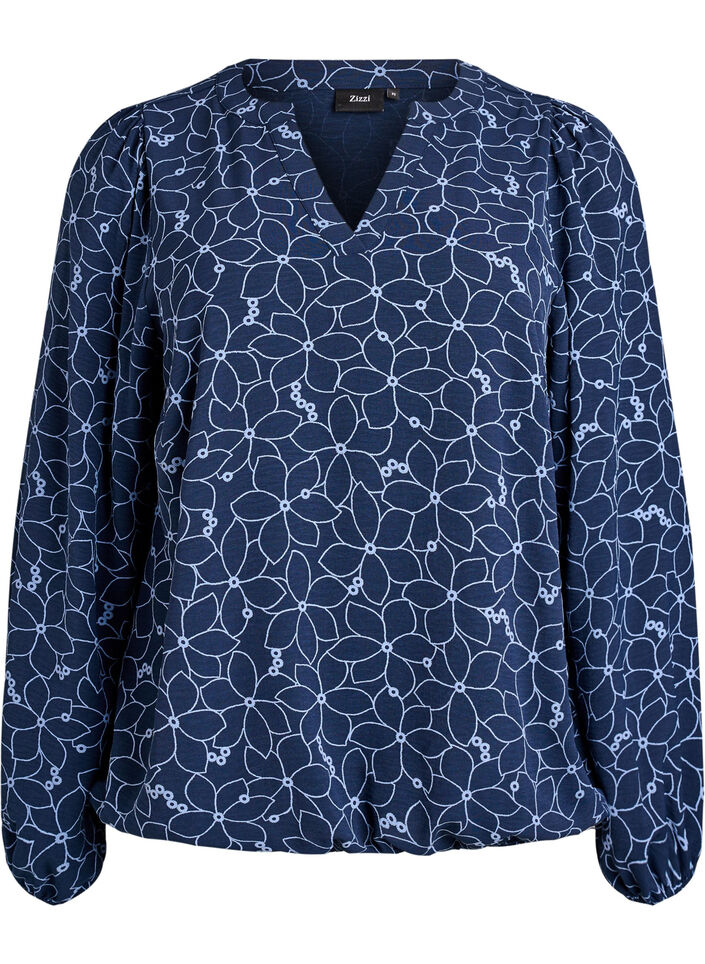 Long-sleeved blouse with floral embroidery, Blue, Packshot image number 0