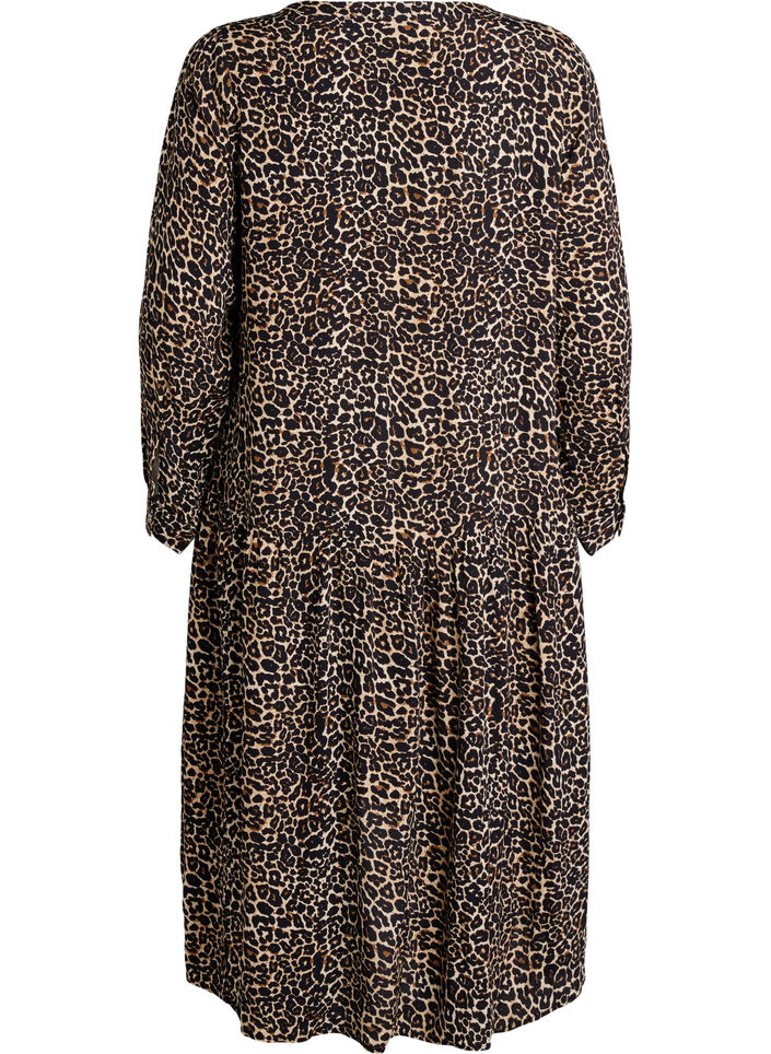 Printed viscose midi dress with long sleeves, Brown, Packshot image number 1