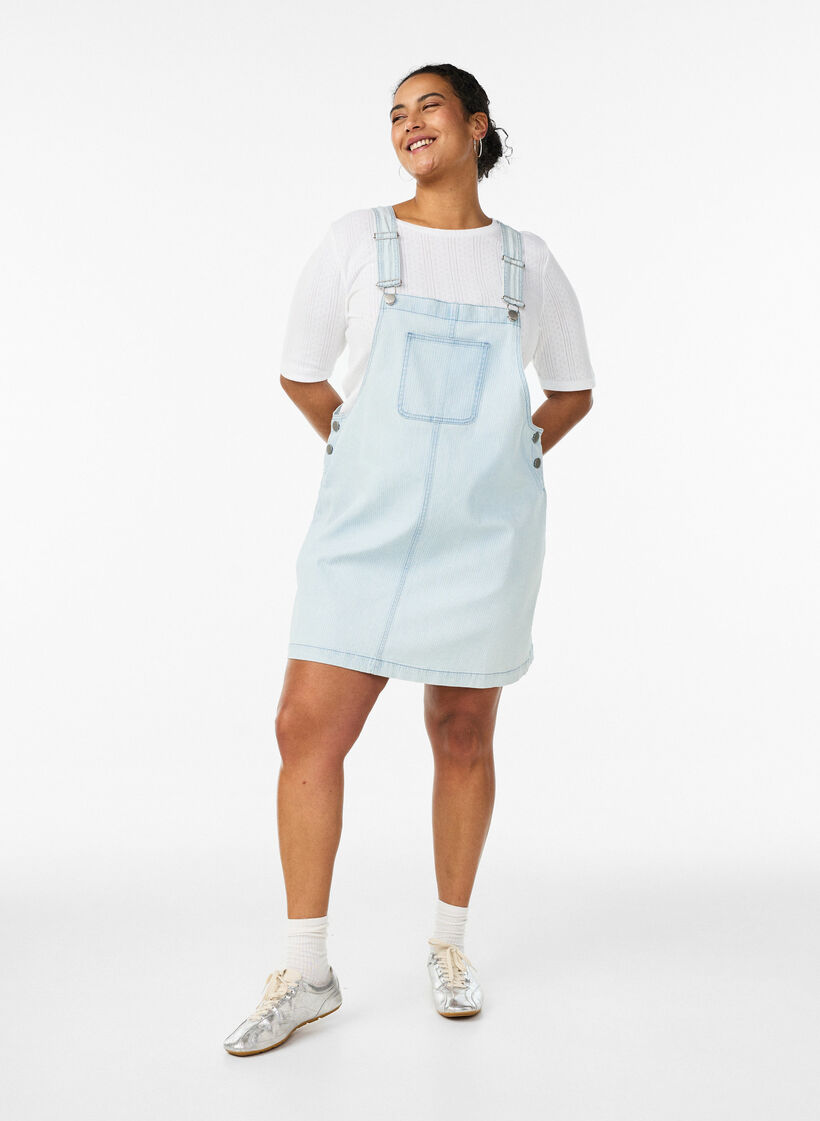 Short denim dungaree dress in striped cotton, Light Blue, Model image number 1