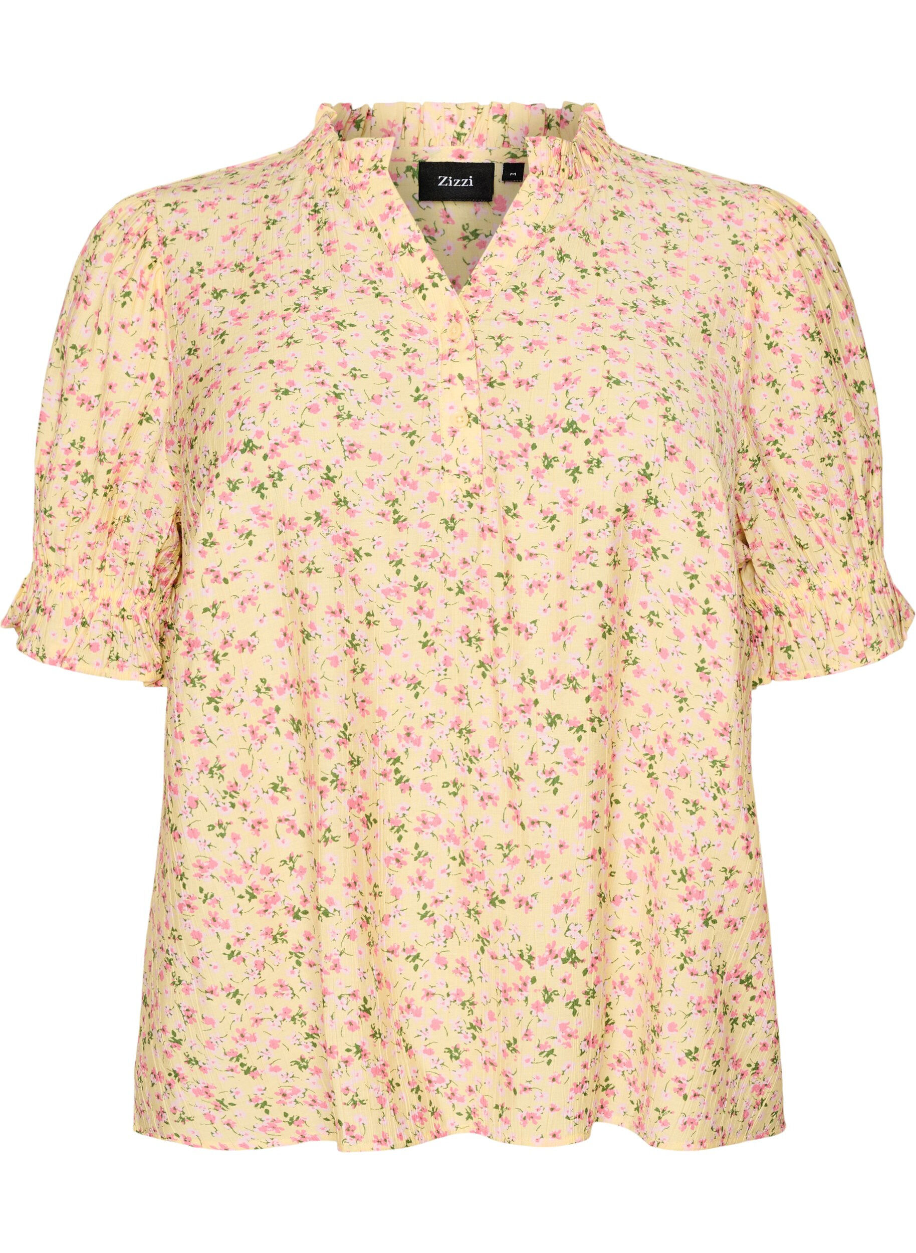 Floral viscose blouse with short sleeves and a ruffle collar